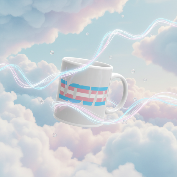 White mug floating among pastel clouds, with a blue, pink, and white striped design