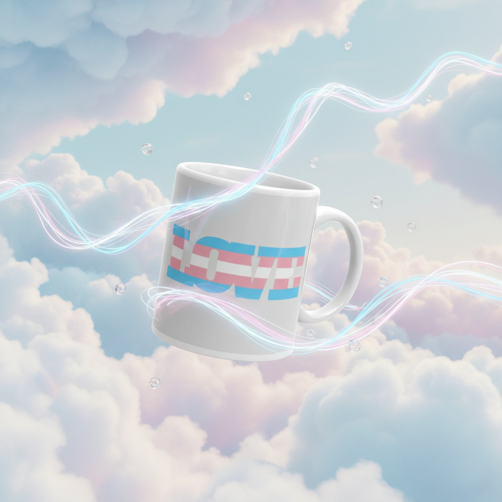 White mug floating among pastel clouds, with a blue, pink, and white striped design