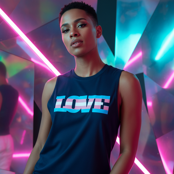 Transgender Love Muscle Top—a navy, relaxed-fit unisex tank with “LOVE” in trans flag colors
