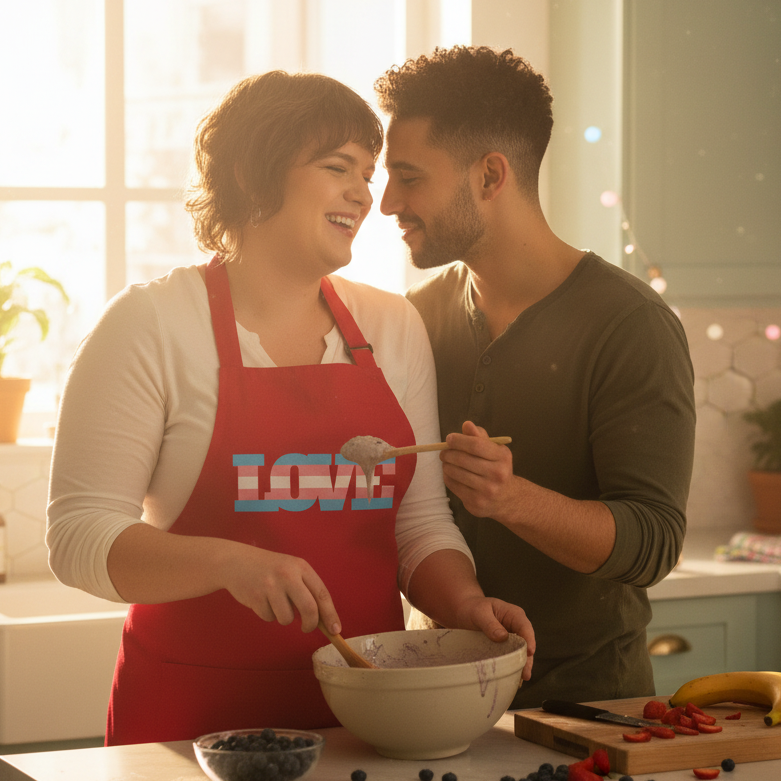 Person wearing a red apron with a blue-and-pink striped LOVE graphic while mixing batter with a partner