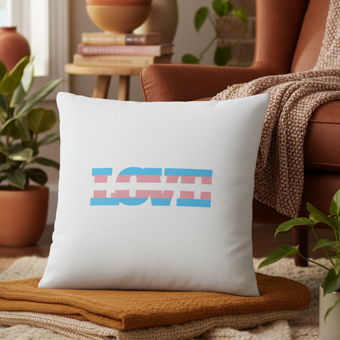 Transgender Love Pillow with "LOVE" in flag colors on a folded blanket, surrounded by plants, books