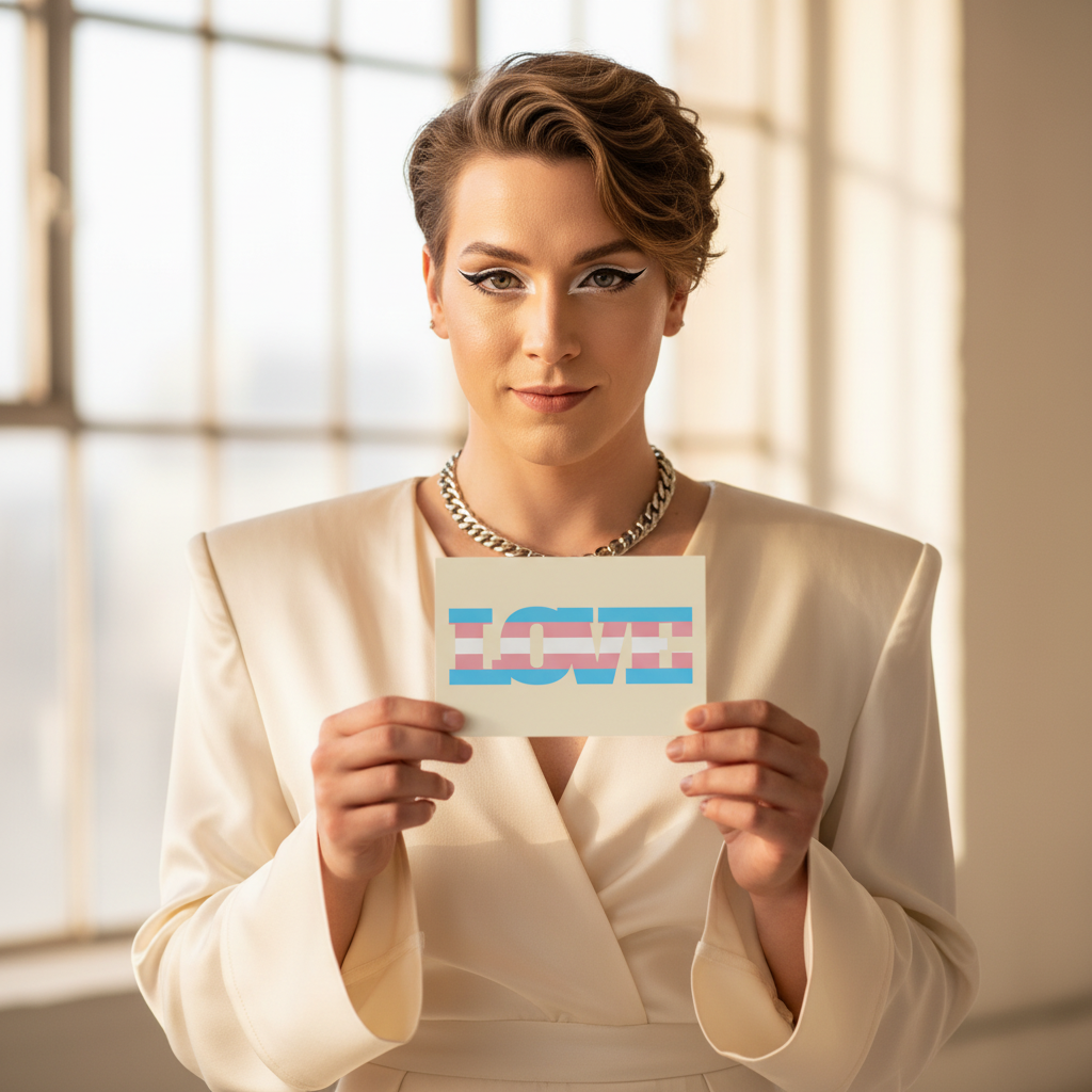 Transgender Love Postcard showing “LOVE” across pink, blue, and white trans flag stripes, held by a person in a white suit.