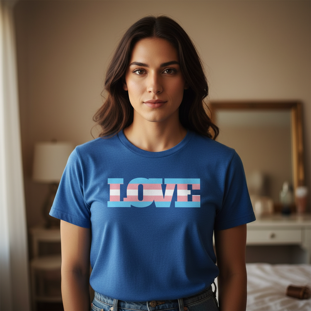 Transgender Love T-Shirt: blue unisex tee, “LOVE” in bold, filled with trans pride flag colors