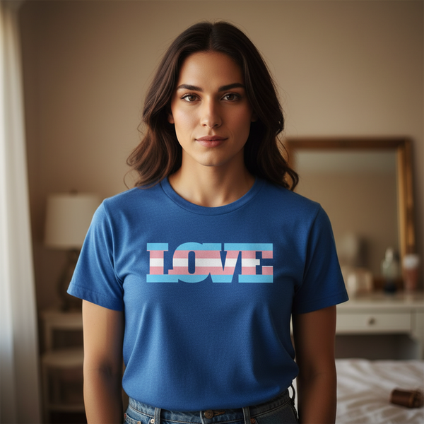 Transgender Love T-Shirt: blue unisex tee, “LOVE” in bold, filled with trans pride flag colors