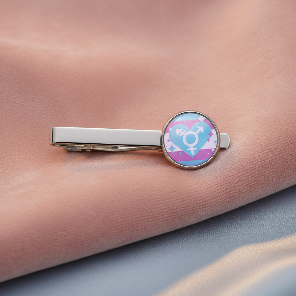 Transgender Love Tie Clip in shiny silver metal, featuring a round end with trans flag stripes and white trans symbol
