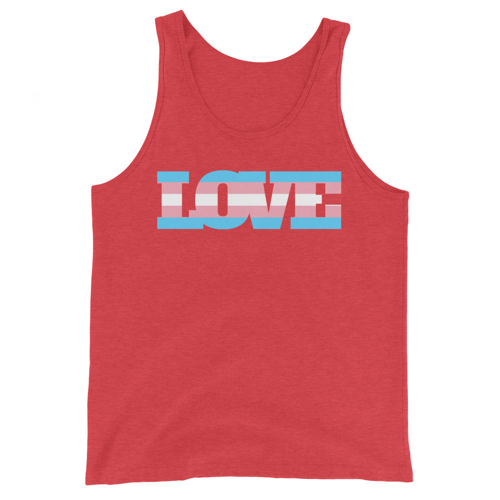 Front view of a red tank top with “LOVE” lettering in transgender flag colors
