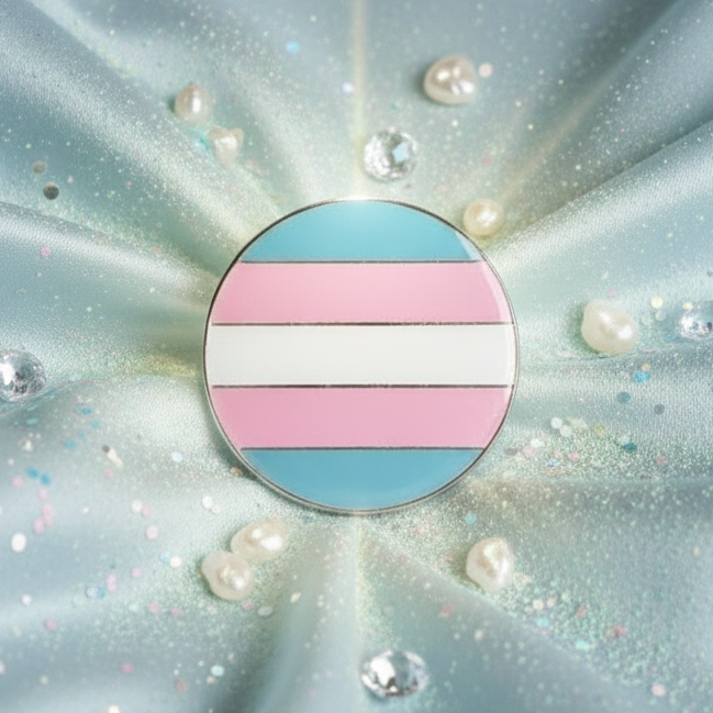 Transgender pride enamel pin with blue, pink, and white horizontal stripes