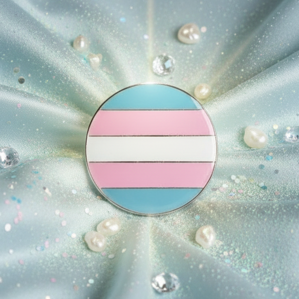 Transgender pride enamel pin with blue, pink, and white horizontal stripes