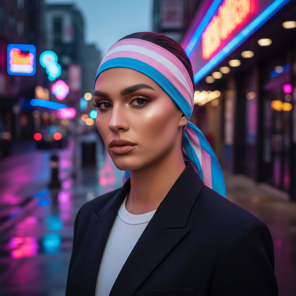 Transgender Pride bandana in blue, pink, and white on a confident person with smooth makeup, dark blazer