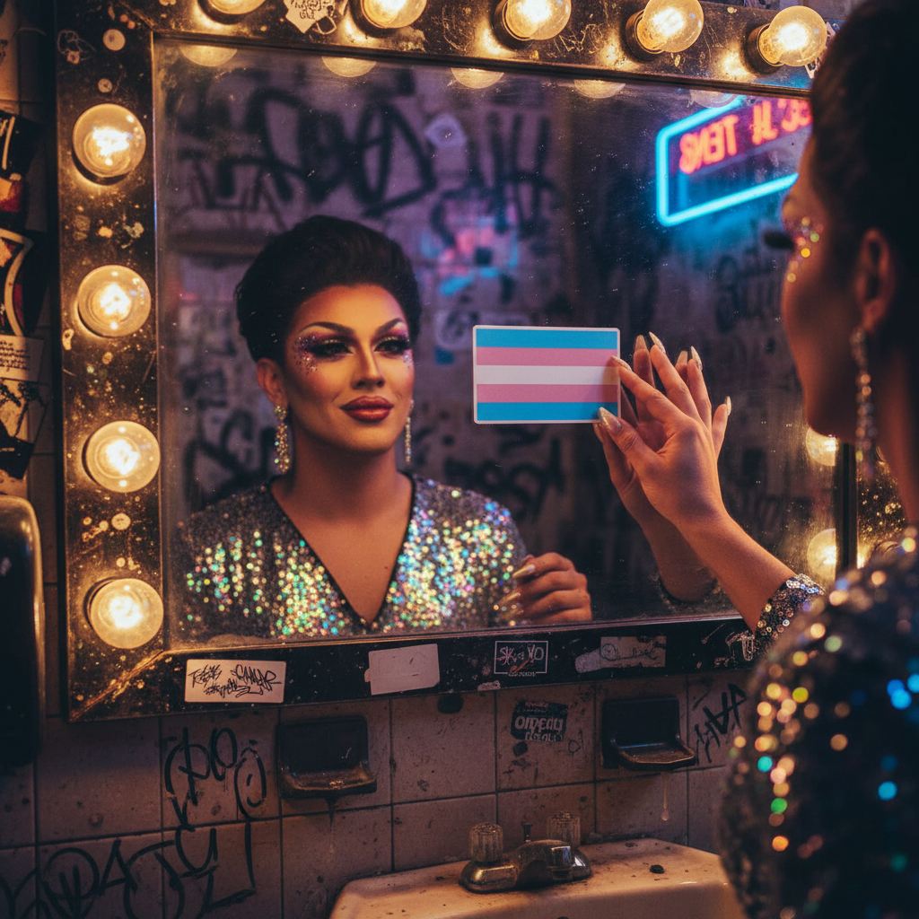 Transgender Pride Flag Bubble-Free Stickers with bold queer designs line a neon-lit