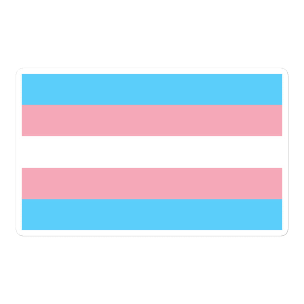 Rectangular transgender pride flag sticker with blue, pink, and white stripes