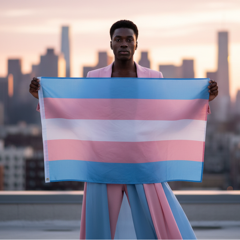 Transgender Pride flag held by a person against a city skyline at sunset
