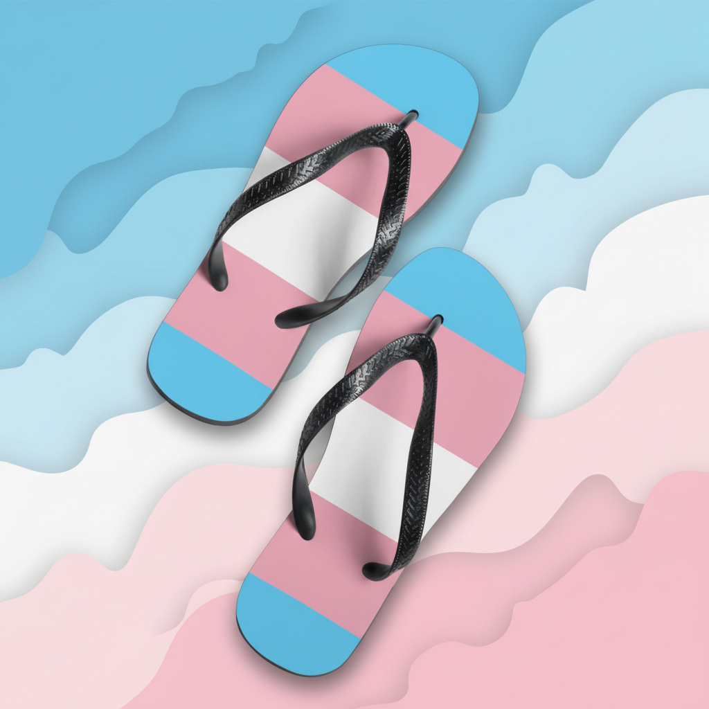 Transgender Pride flip-flops with blue, pink, and white flag stripes on the straps