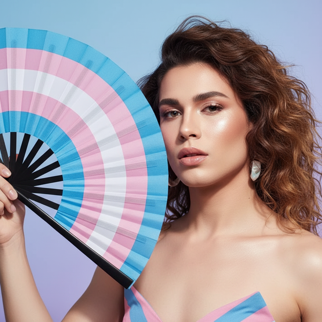 Model holding an open transgender pride folding fan with blue, pink, and white stripes