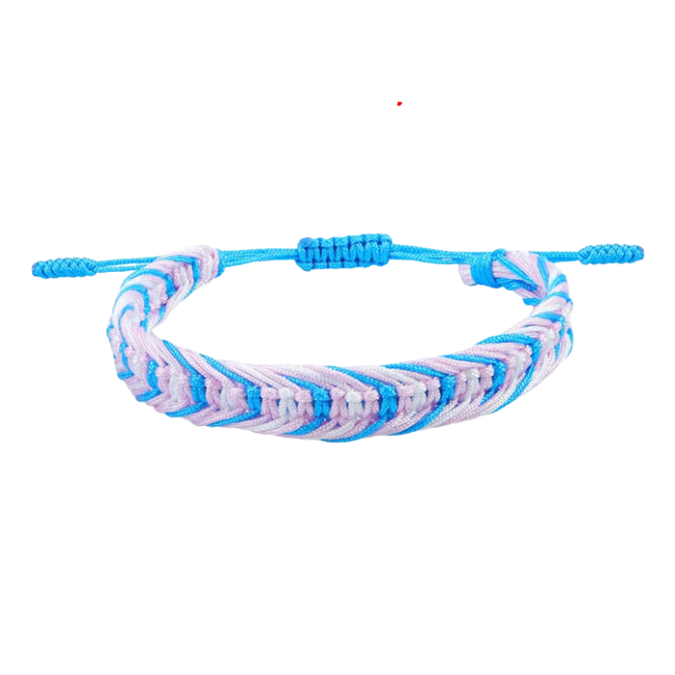 Close-up of a braided blue, pink, and white adjustable friendship bracelet