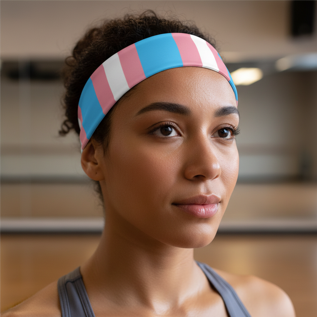 Transgender Pride Headband in pink, blue, and white worn by a curly-haired person in a gray tank top