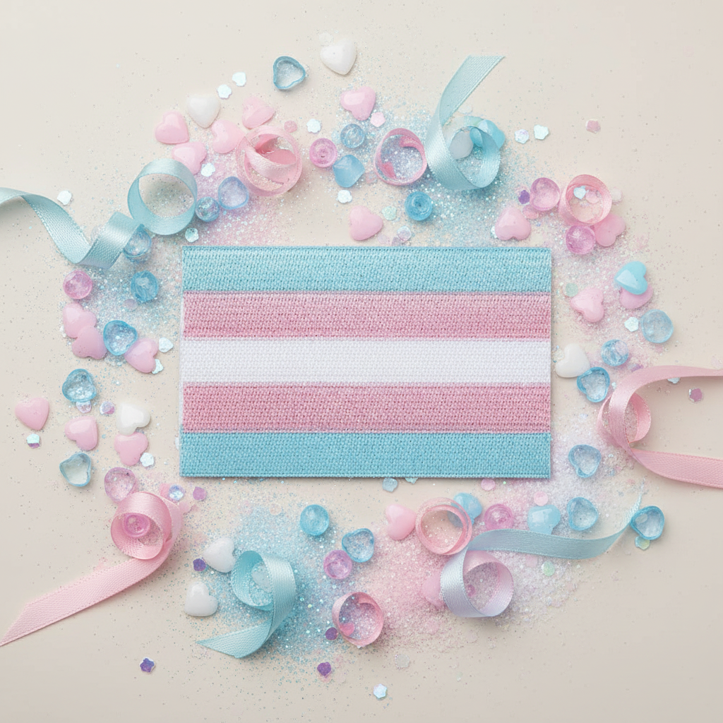 Transgender Pride iron-on embroidered patch with pastel pink and blue heart beads, sequins