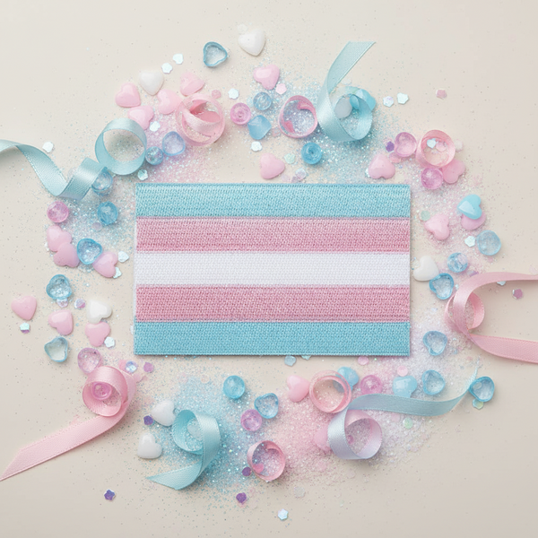 Transgender Pride iron-on embroidered patch with pastel pink and blue heart beads, sequins