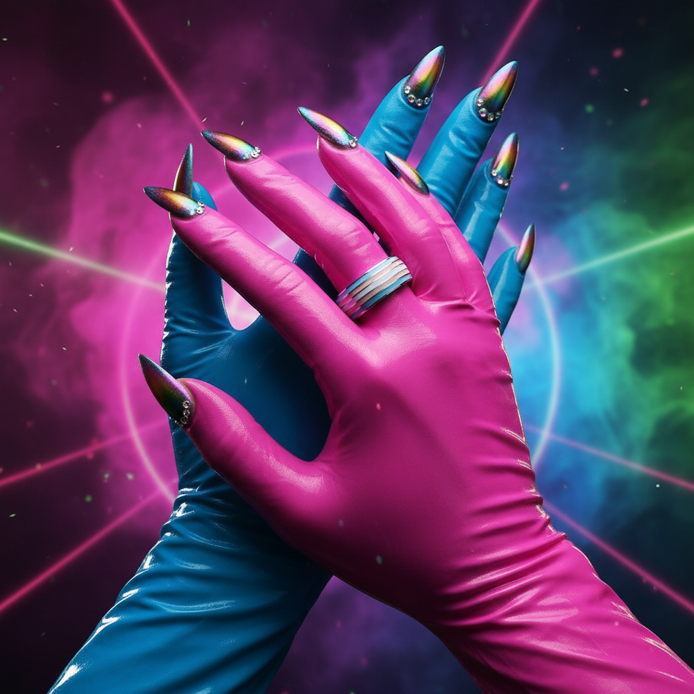 Silver multi-band ring on a pink gloved hand over blue and magenta gloves