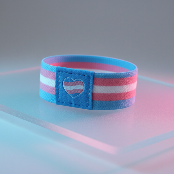 Transgender pride wristband with blue, pink, and white stripes and a heart patch