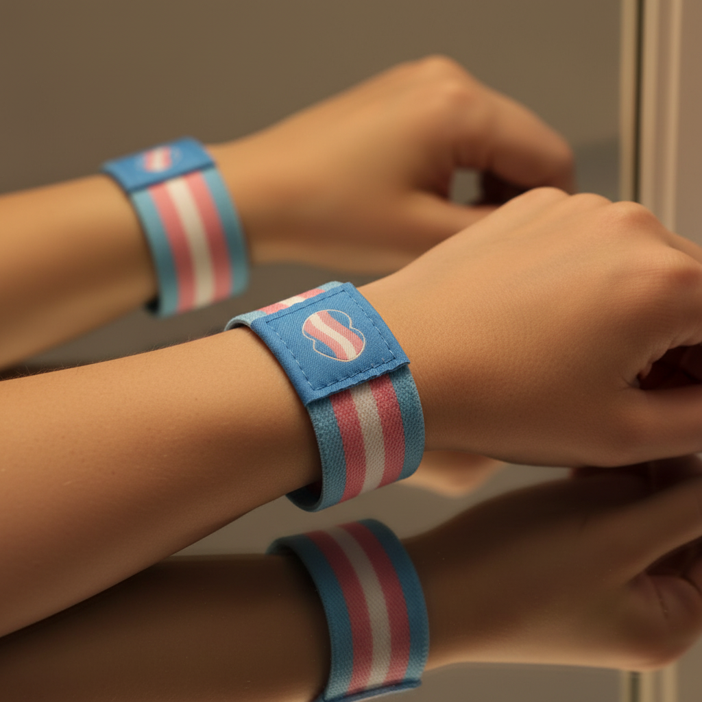 Close-up of a blue, pink, and white striped wristband on a wrist, reflected in a mirror