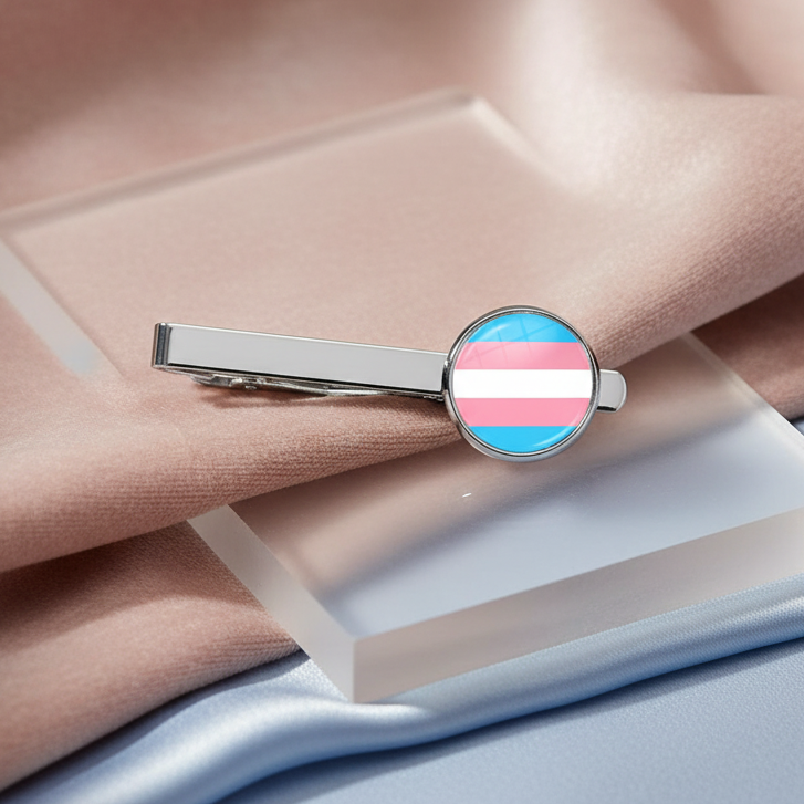 Transgender Pride Tie Clip with a round emblem of blue, pink