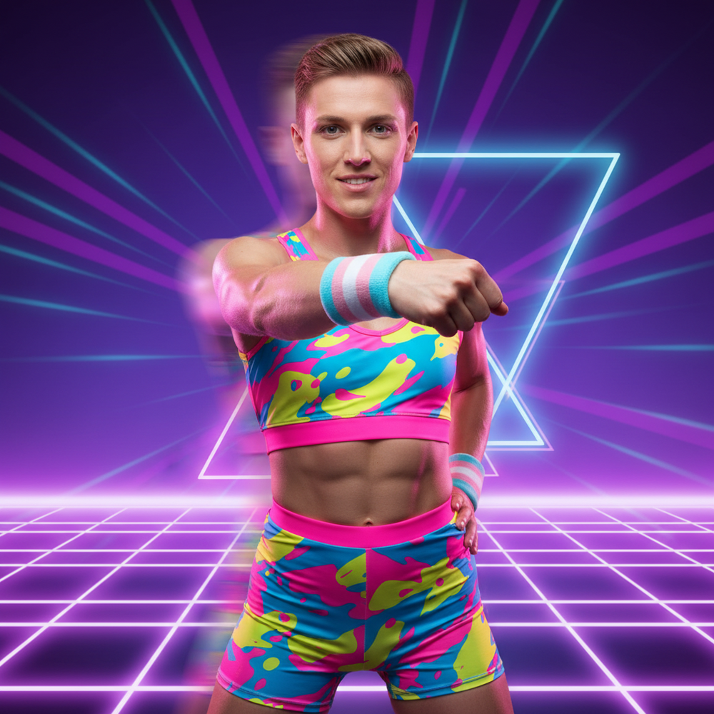 Model extending an arm to show a striped transgender Pride wrist sweatband