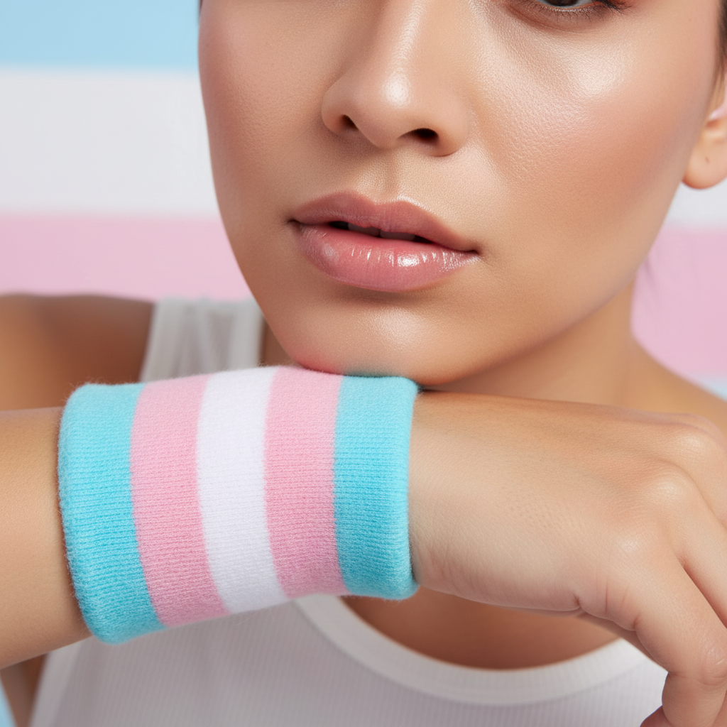 Close-up model wearing a blue, pink, and white striped wrist sweatband