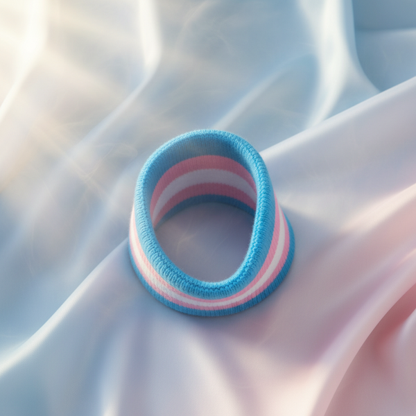 Close-up of a blue, pink, and white striped wristband resting on draped fabric