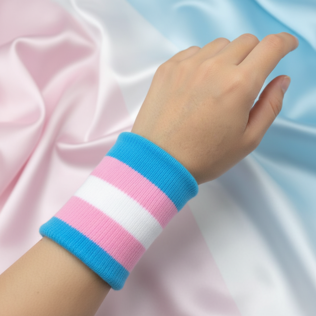 Close-up of a hand wearing a blue, pink, and white striped knitted wristband