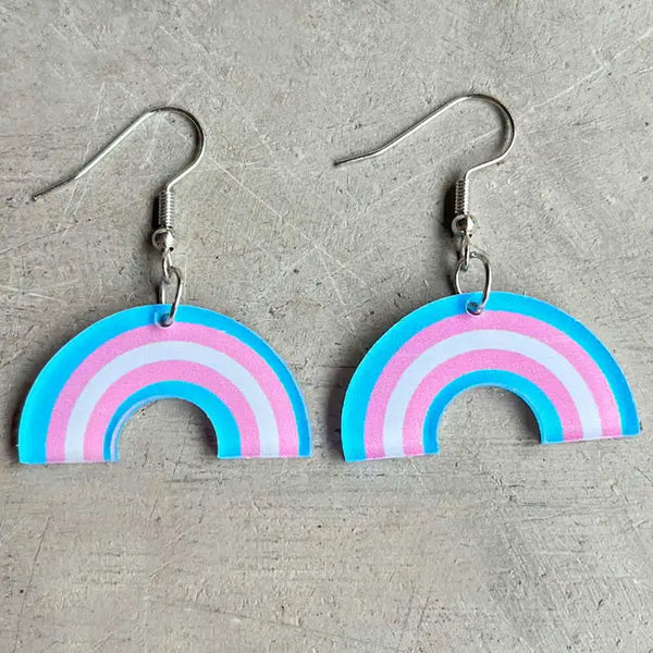 Pair of rainbow-shaped acrylic dangle earrings with pink, white, and blue stripes