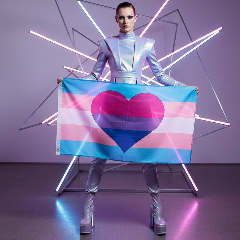 Model in a metallic outfit holds a blue, pink, and white striped flag with a multicolor heart