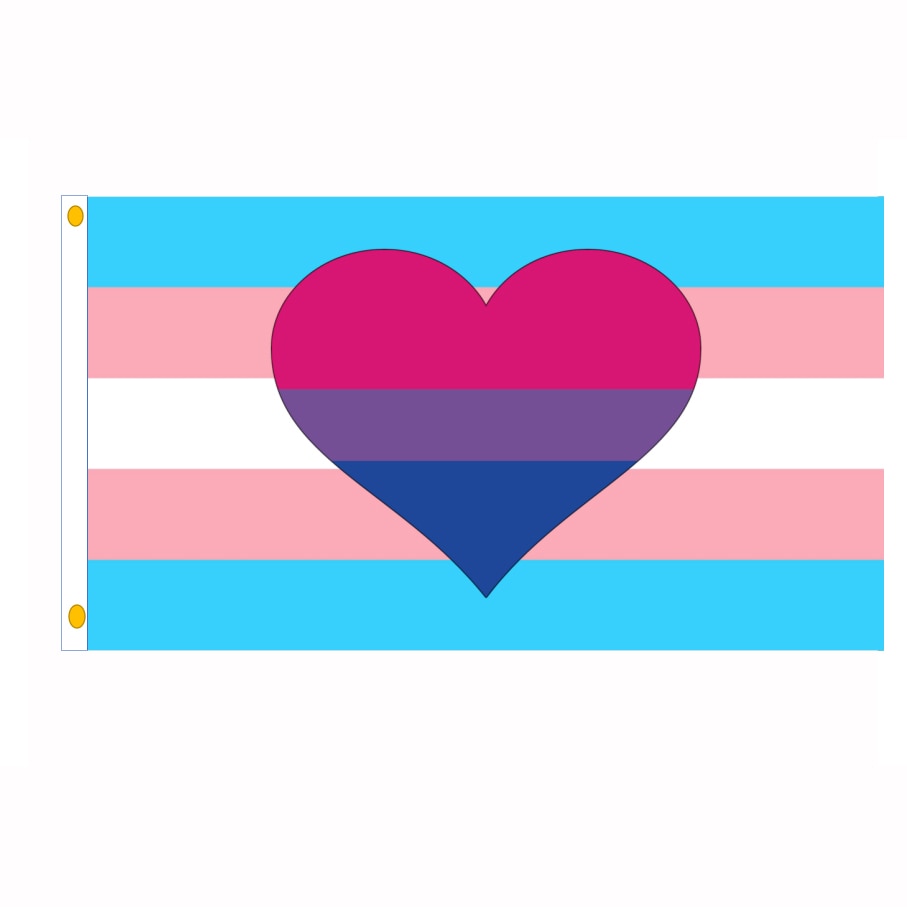 Rectangular transgender pride flag with a large pink, purple, and blue heart