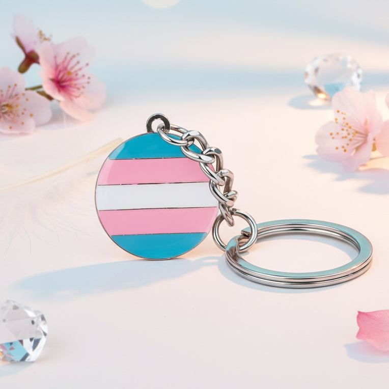 Transgender pride round keychain with pink, blue and white striped charm