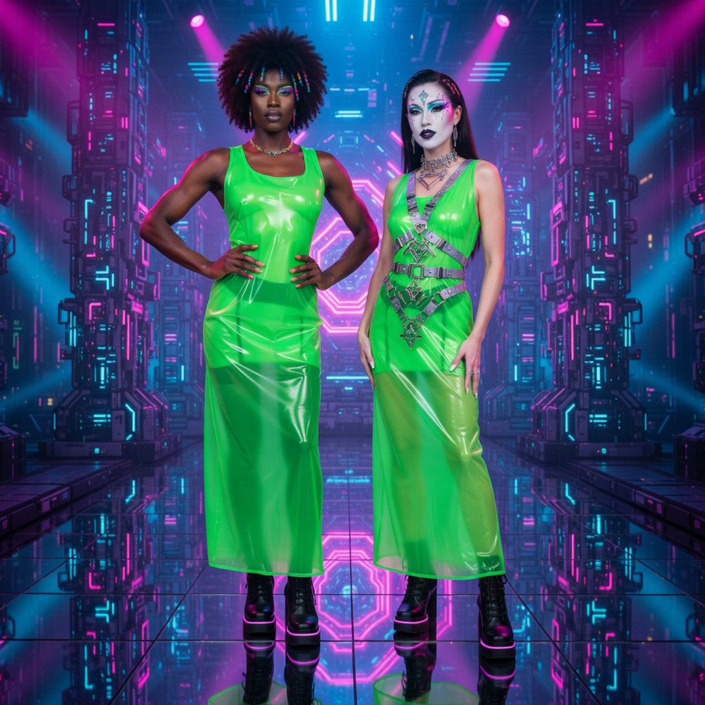 Two models in bright green glossy tank dresses and platform boots in a neon-lit setting