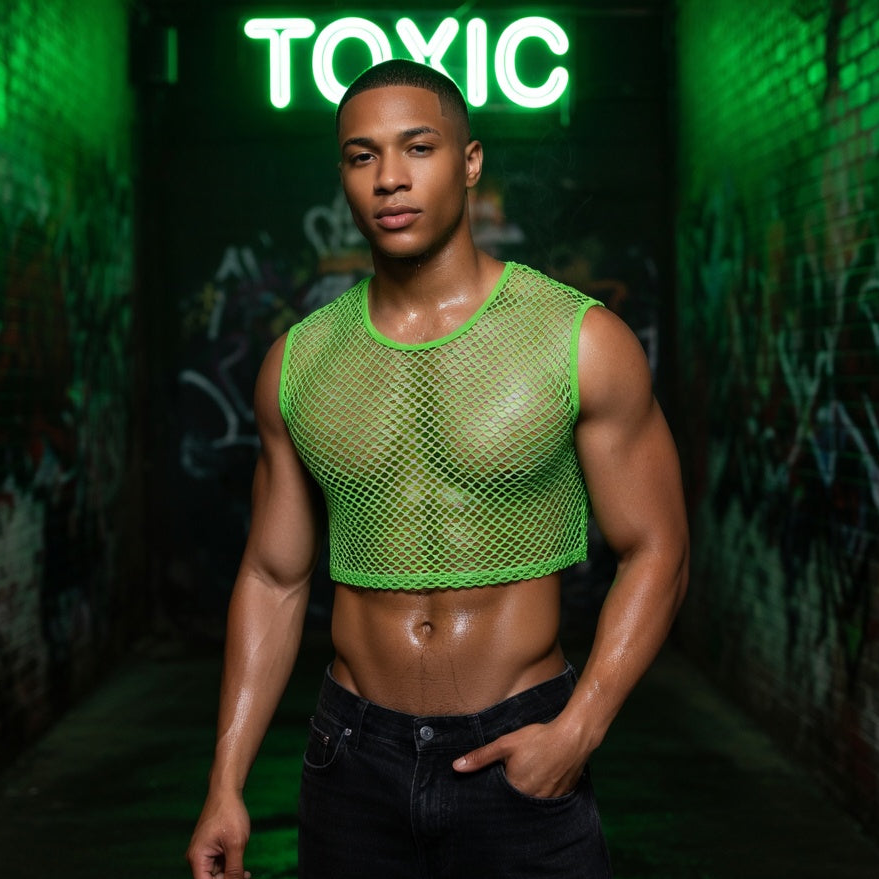 Model wearing a bright green fishnet crop top in a graffiti-lined alley