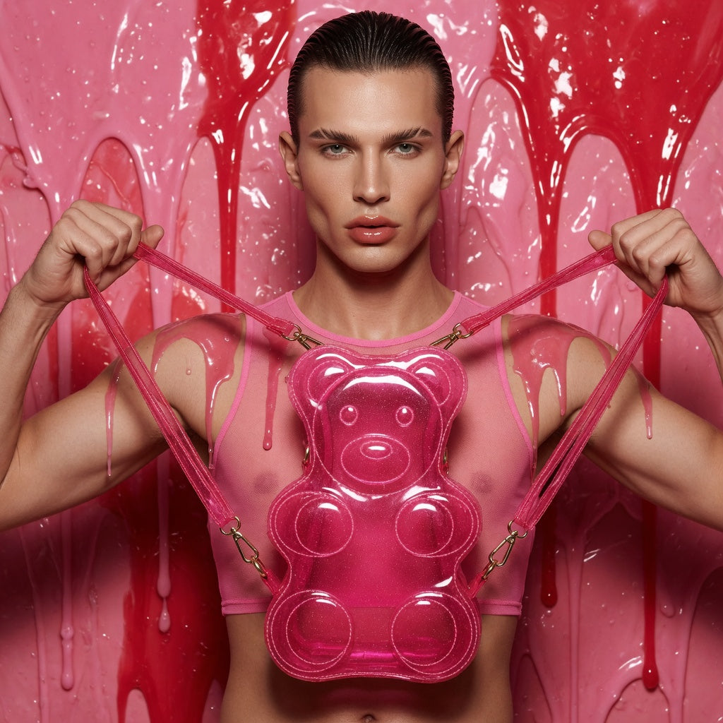 Model holds a glossy pink glitter bear-shaped backpack against a pink and red backdrop