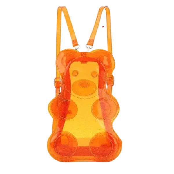 Front view of a translucent orange glitter bear-shaped backpack with two shoulder straps