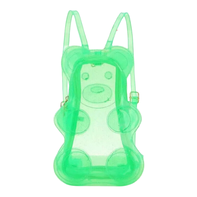 Front view of a transparent neon-green bear-shaped backpack with adjustable straps