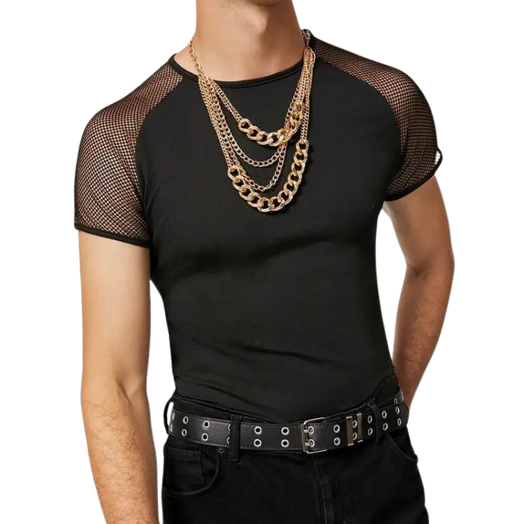 Front view of a model wearing a fitted black T-shirt with sheer mesh sleeves and layered chain necklaces