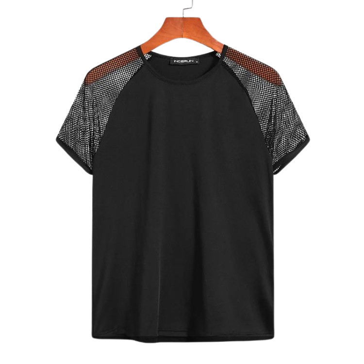 Front view of a black T-shirt with contrasting mesh short sleeves on a hanger