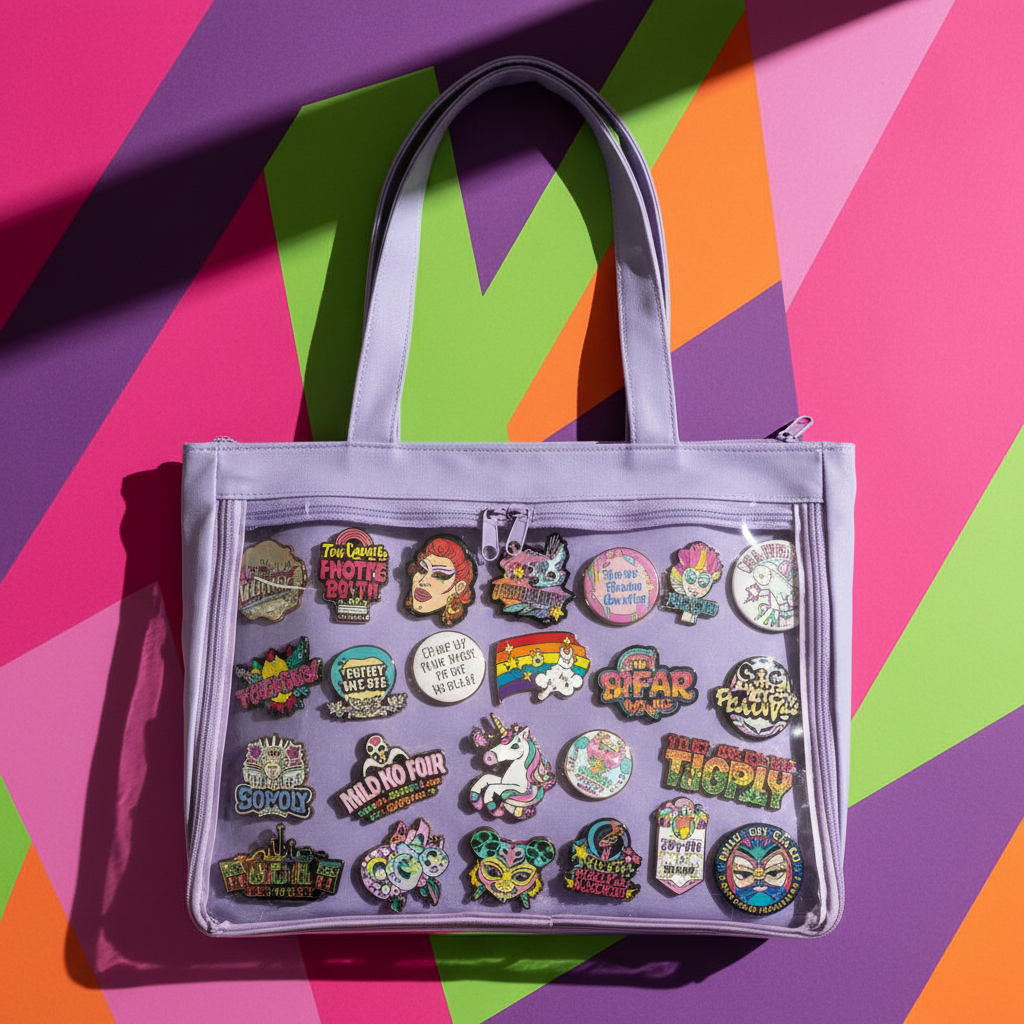 Lavender transparent pin display canvas handbag with PVC window, showing playful enamel pins, faces