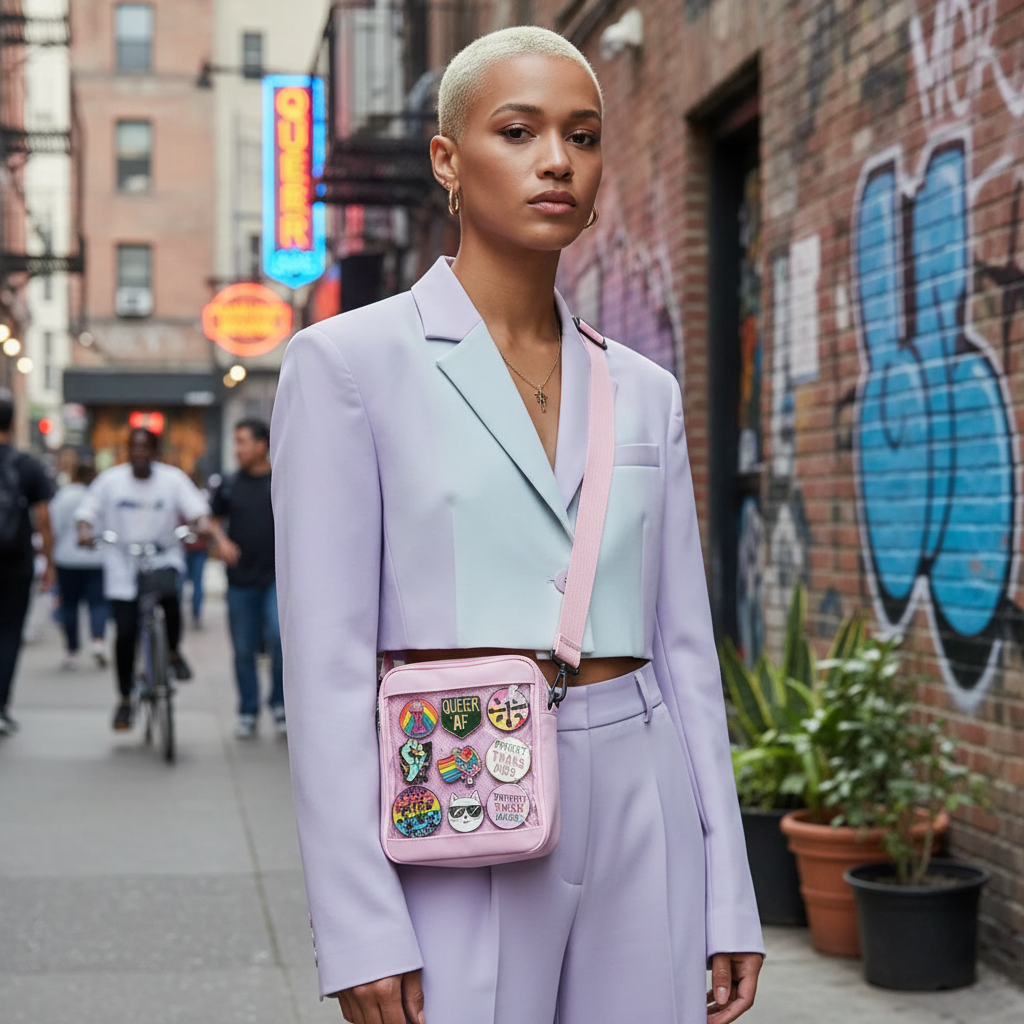 Pink transparent pin-display crossbody bag with colorful queer-themed buttons, worn on a city street