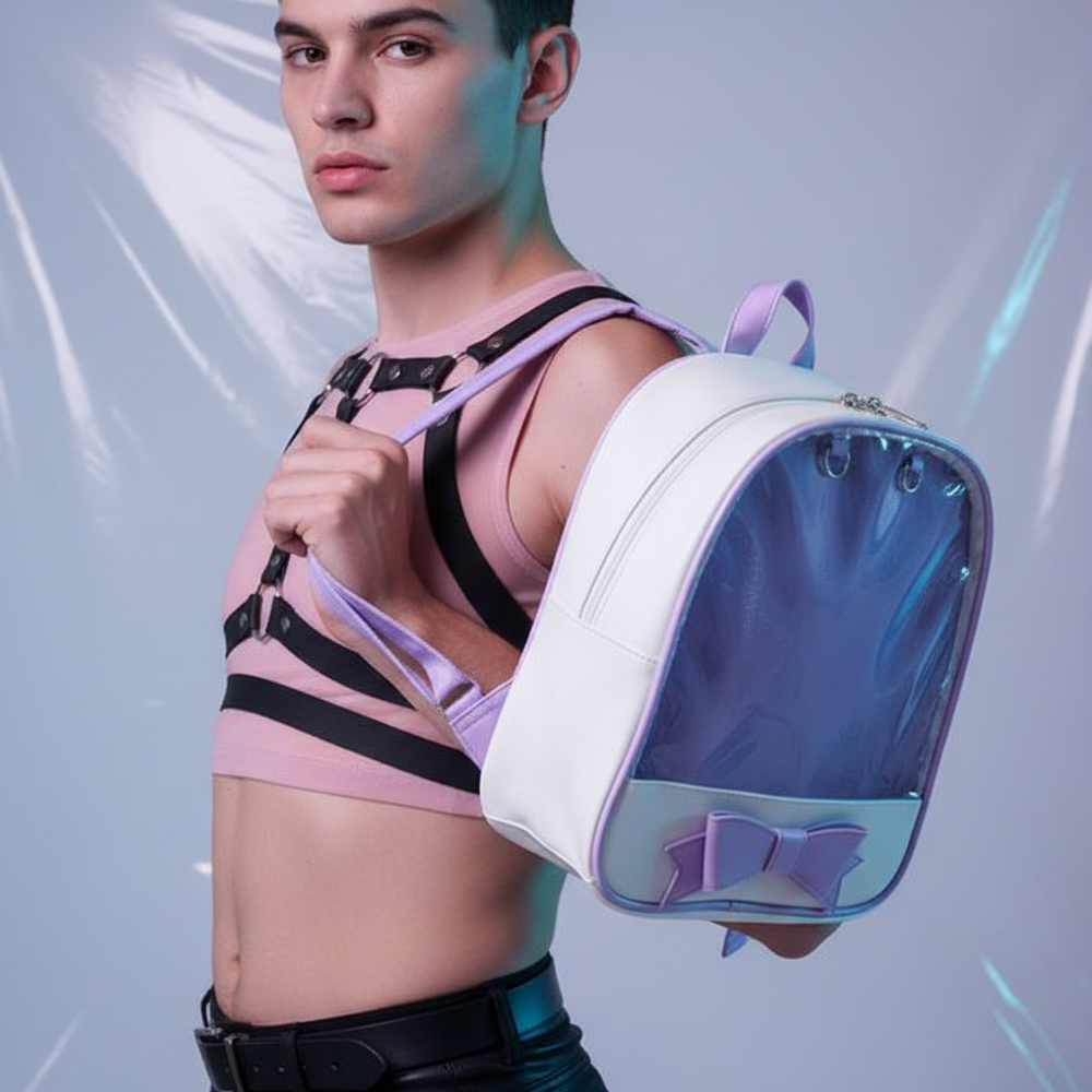 Model wearing a white transparent-front kawaii backpack with lavender trim and bow