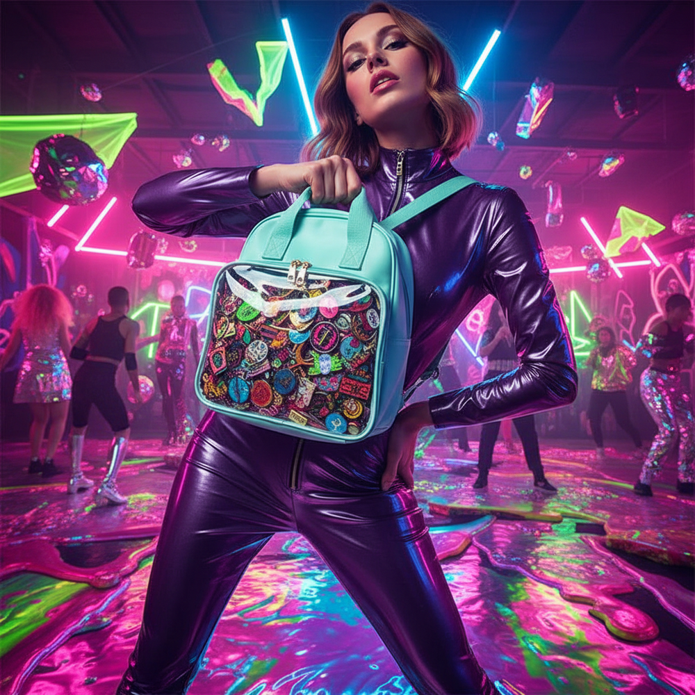 Turquoise transparent pin-display backpack worn at a neon-lit dance party