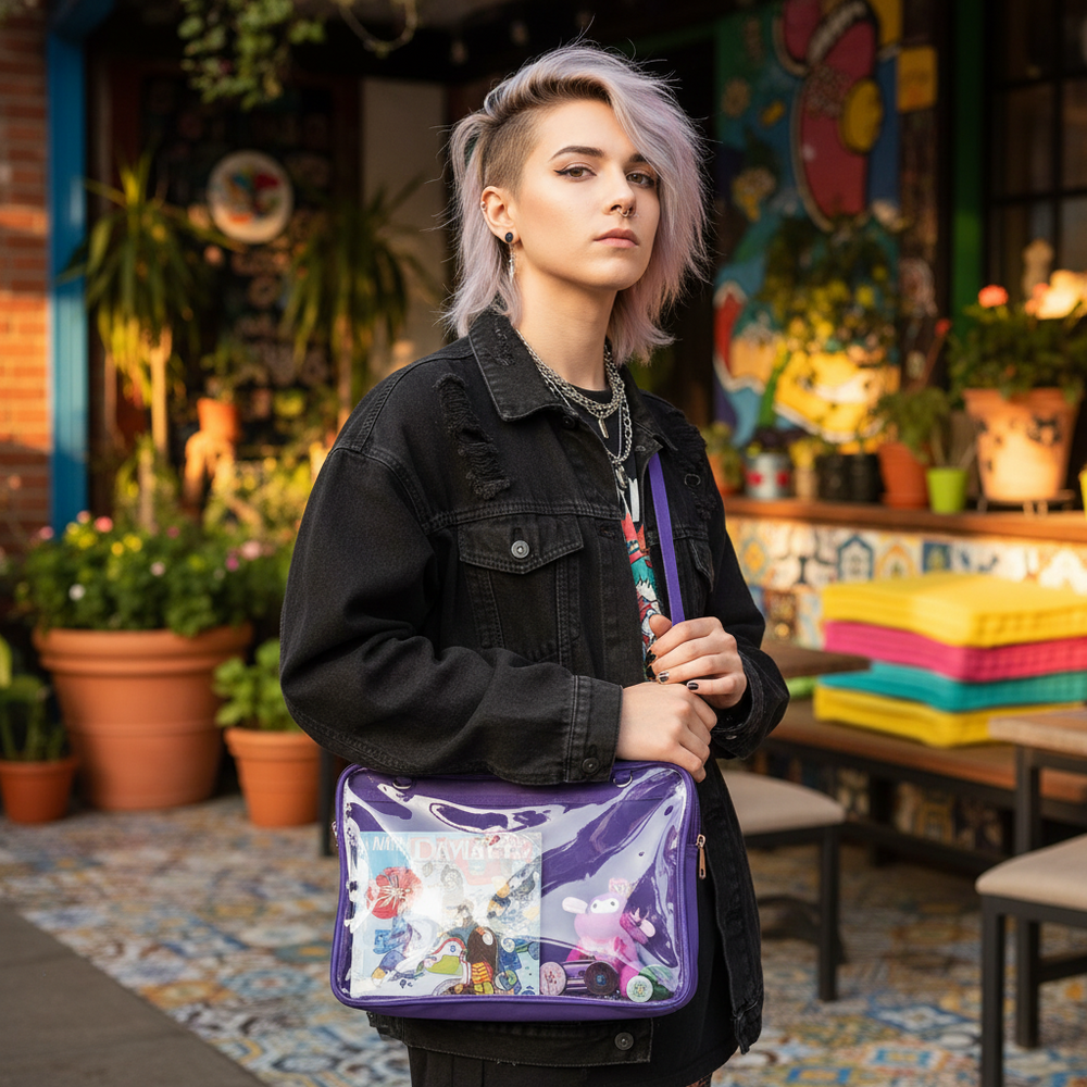 Transparent Pin Display Shoulder Bag with visible pins and keychains through a PVC window