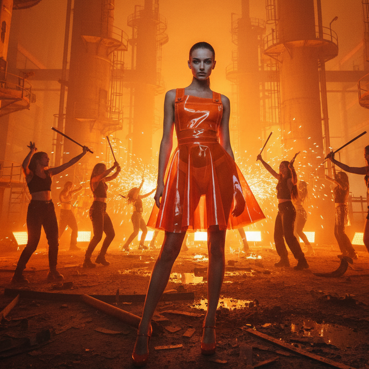 Front-facing model in a glossy red PVC pinafore dress amid sparks and industrial machinery