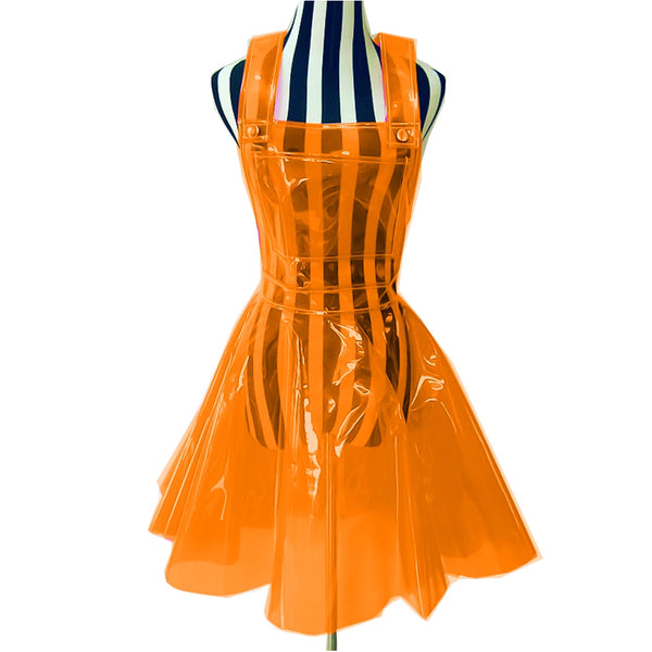 Front view of a translucent orange PVC dress on a striped mannequin