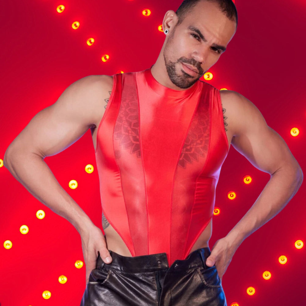 Person models a shiny red sheer-panel sleeveless bodysuit with black leather pants