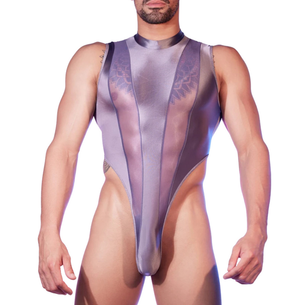 Front view of a person wearing a sheer purple mesh bodysuit with a high neck
